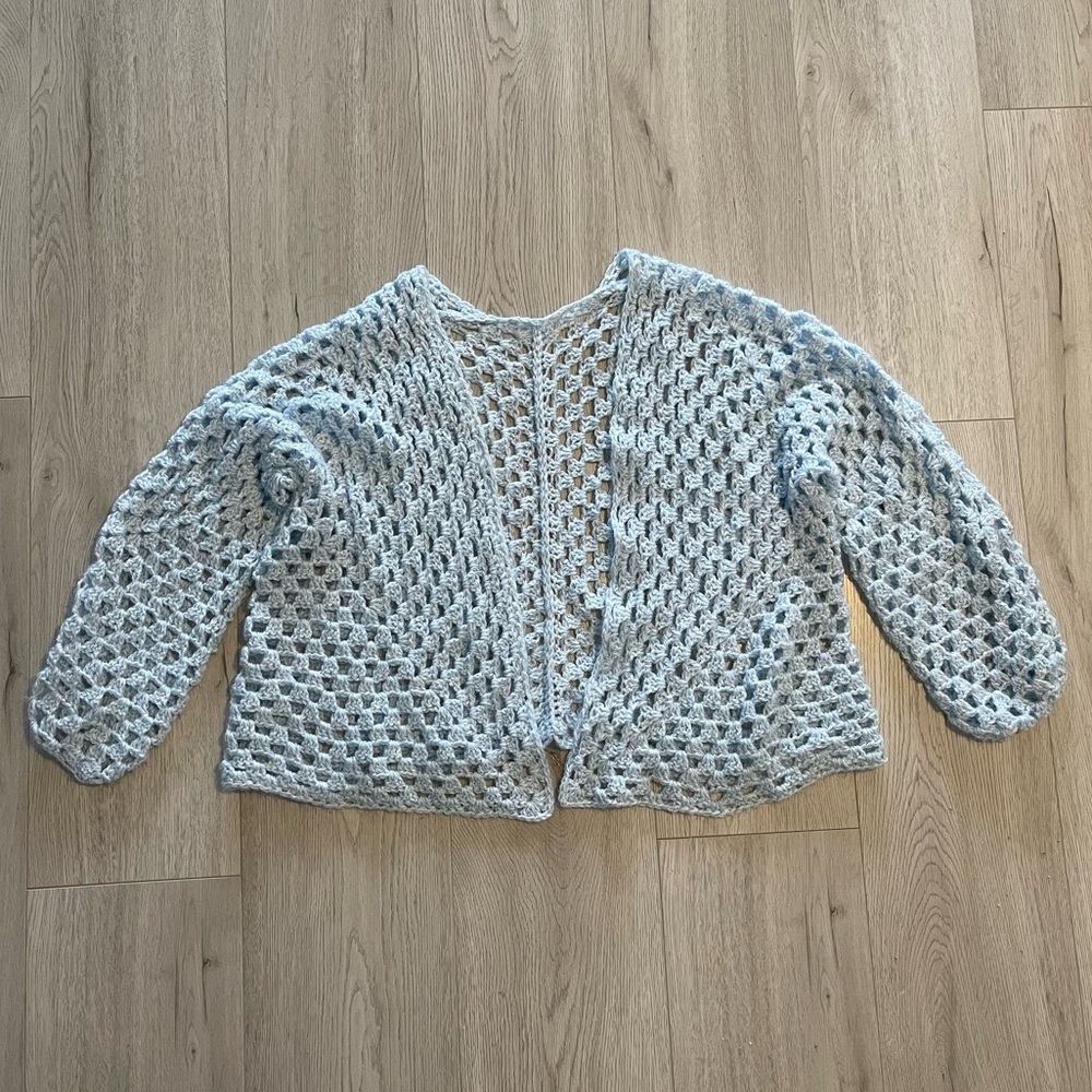 Handmade Baby Blue Crochet Open Front Cardigan Sweater